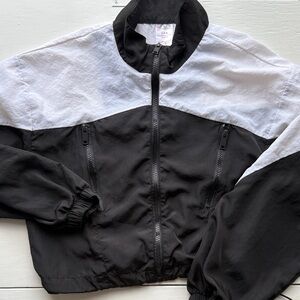 No Boundaries Cropped Black White Zip-Up Windbreaker 80s 90s Colorblock Jacket S